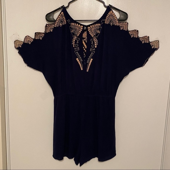 Alya Romper Navy Blue With Cream Embroidery Cold Shoulder Sleeve Short - Picture 5 of 9